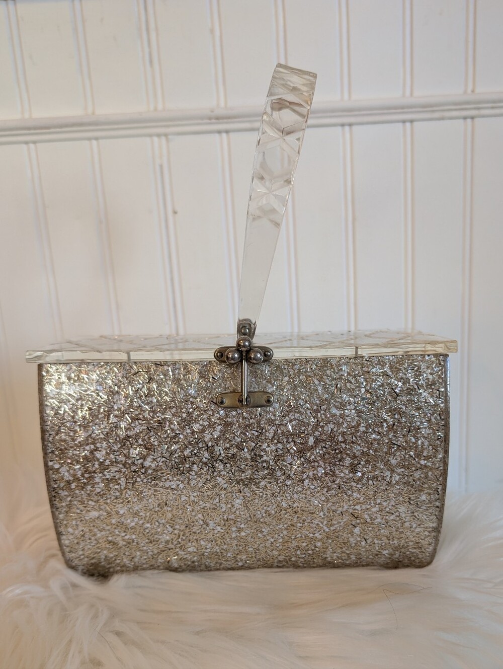 Vintage 50s Womens Bag Clear Lucite Sparkle Unline Metal Hardware Florida Miami